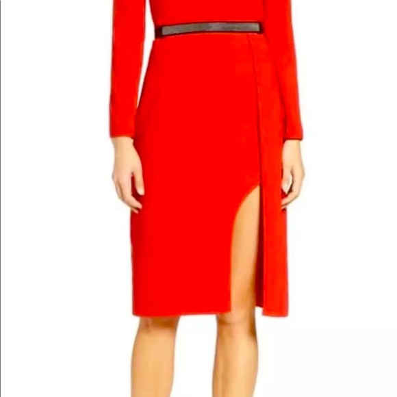 Halston Heritage Red Belted Crepe Cold Shoulder Sheath Dress Sz 6 - Picture 11 of 17